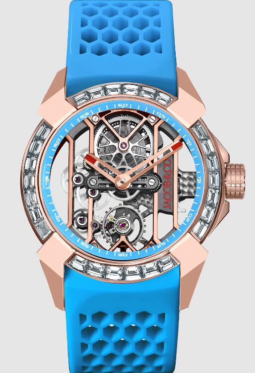 Jacob & Co Replica watch EPIC X ROSE GOLD BAGUETTE (BLUE NEORALITHE INNER RING) EX100.43.LD.AB.A